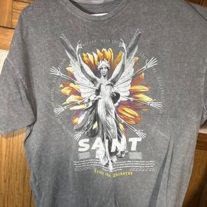 Aura Saint Trust the Universe Graphic Tee Acid Wash Gray Angel Sunflower Shirt‎